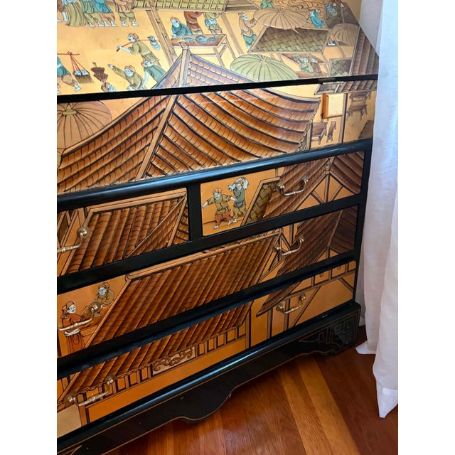 Hand-Painted Vintage Chinoiserie Village Scene Secretary Desk & Bookcase For Sale - Image 4 of 17