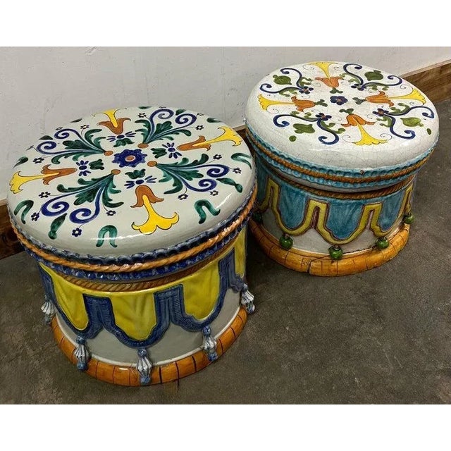 Majolica Italian Ceramic Terracotta Hand Painted Hollywood Regency Stool For Sale - Image 9 of 10