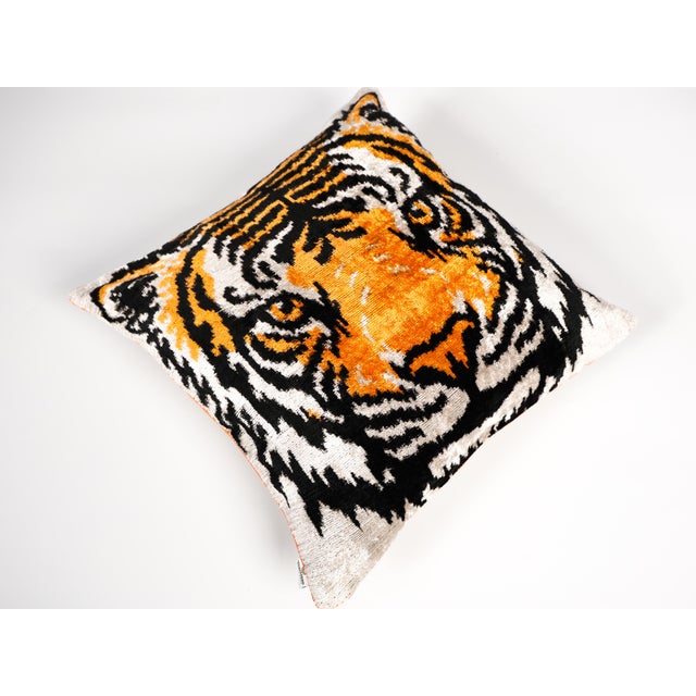 Tiger Silk Velvet Ikat Pillow Cover, Handwoven Luxury Cushion, Boho Home Decor, Unique Throw Pillow, Uzbek Textile For Sale - Image 4 of 9