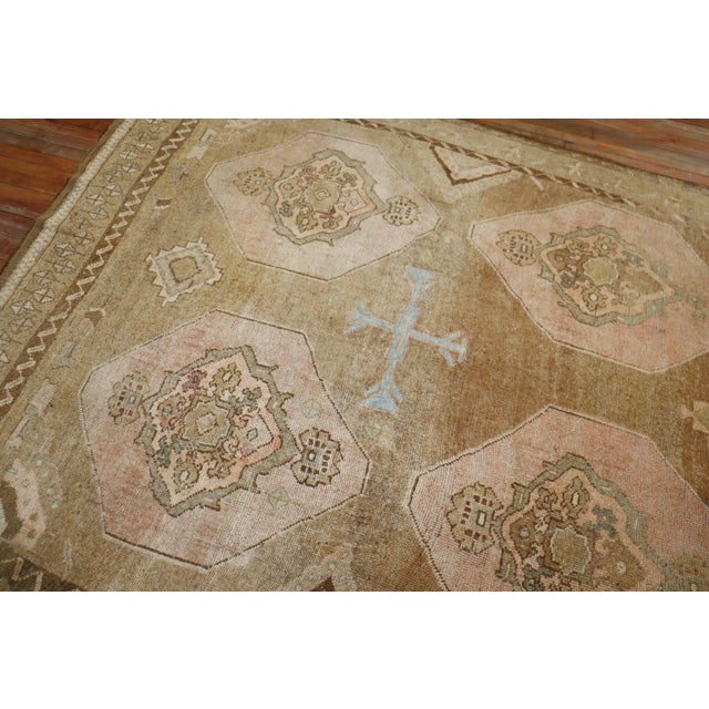 One-of-a-kind wide gallery size Turkish Kars rug from the 20th century. A tan geometric field with multiple large scale...