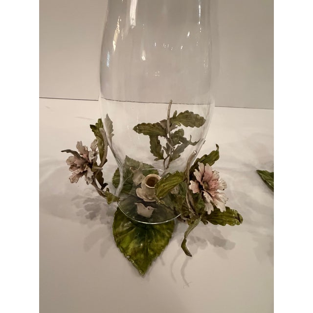 Vintage Italian Painted Tole & Glass Candle Hurricanes -a Pair For Sale - Image 9 of 10
