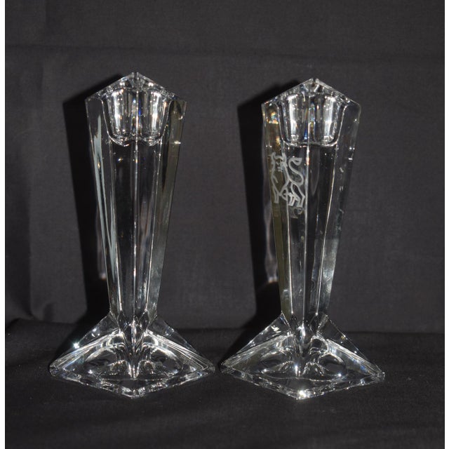 Transparent Rosenthal Crystal Madison Candlesticks Vintage Merrill Lynch Etched Bull Pair For Sale - Image 8 of 15