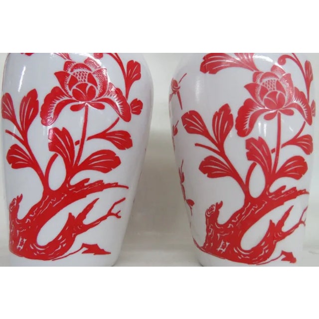 Anchor Hocking Red Birds Cherry Blossoms Milk Glass Vases a Pair For Sale In Miami - Image 6 of 11