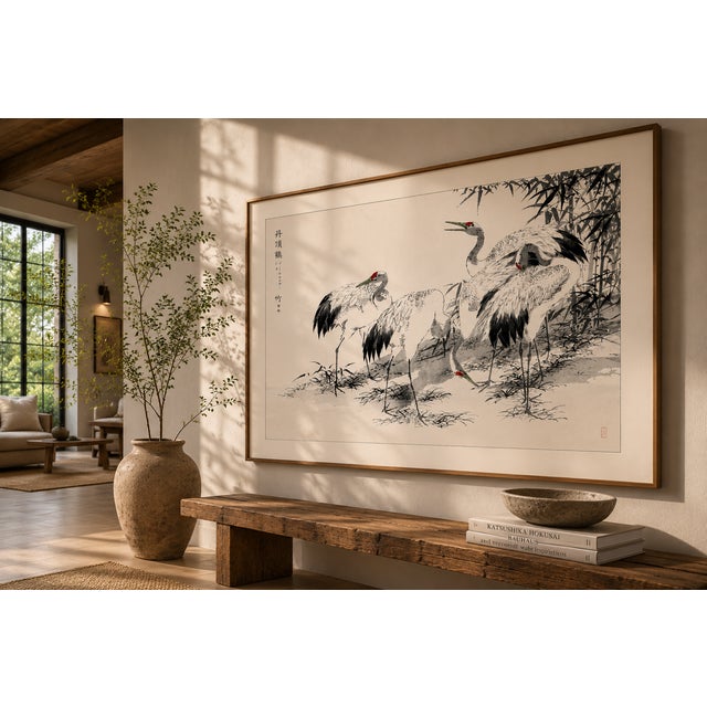 Japanese Cranes Among Bamboo, Vintage Japanese Art Print Reproduction, 36" X 24" For Sale - Image 9 of 12