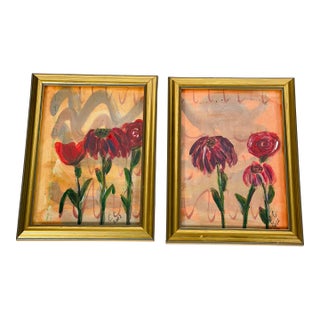 1970s Pair Abstract Floral Original Small Paintings in Gold Frames For Sale