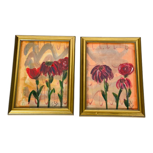 1970s Pair Abstract Floral Original Small Paintings in Gold Frames For Sale