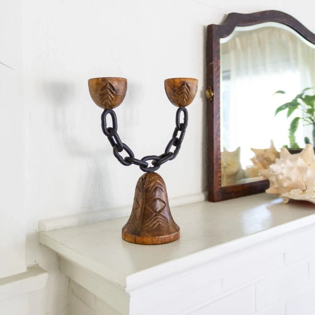Spanish Chain and Wood Candle Holder Candelabra by Joaquin Ripoll For Sale - Image 4 of 12