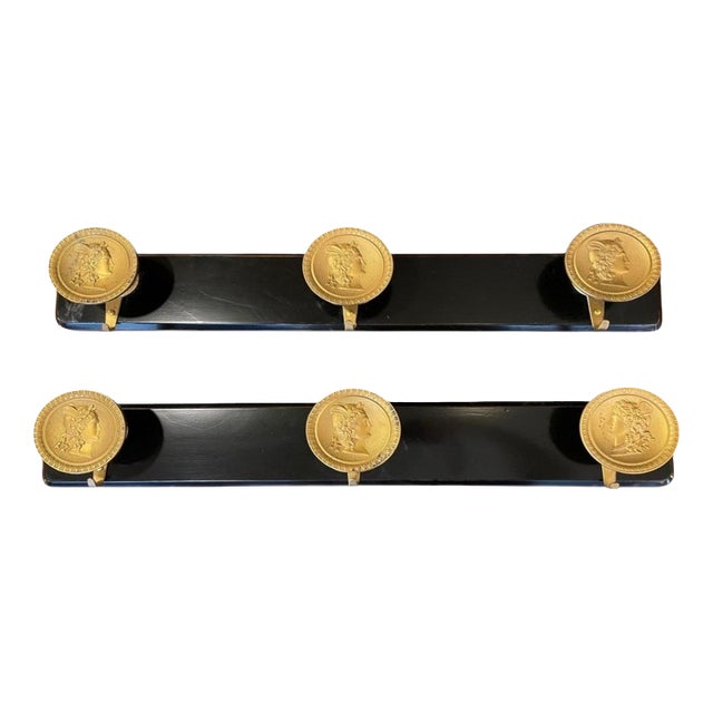 Ebonized Wood Coat Rack with Brass Medallions, 1950s For Sale