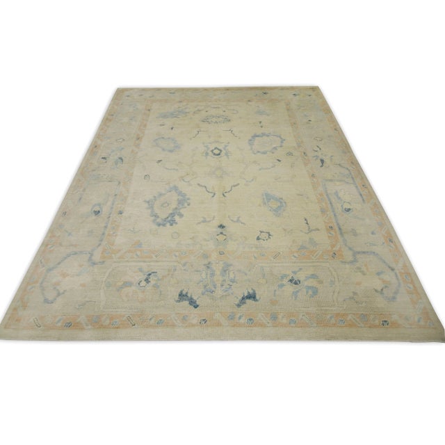 Early 21st Century Cream & Blue Floral Design Handwoven Wool Turkish Oushak Rug 8'2" X 10'6" For Sale In Houston - Image 6 of 8