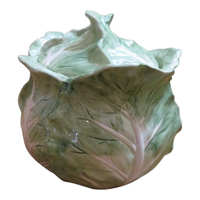 Vintage Mid-Century Modern Fitz & Floyd Lidded Cabbage Majolica Bowl Dish For Sale