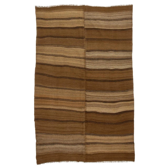 1960s Vintage Brown Striped Turkish Wool Kilim Rug- 5′9″ × 9′ For Sale