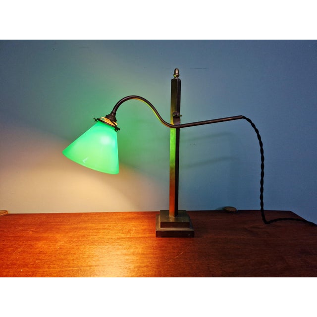 Conical Desk Lamp in Bronze and Green Opaline Glass, 1920s For Sale - Image 15 of 18