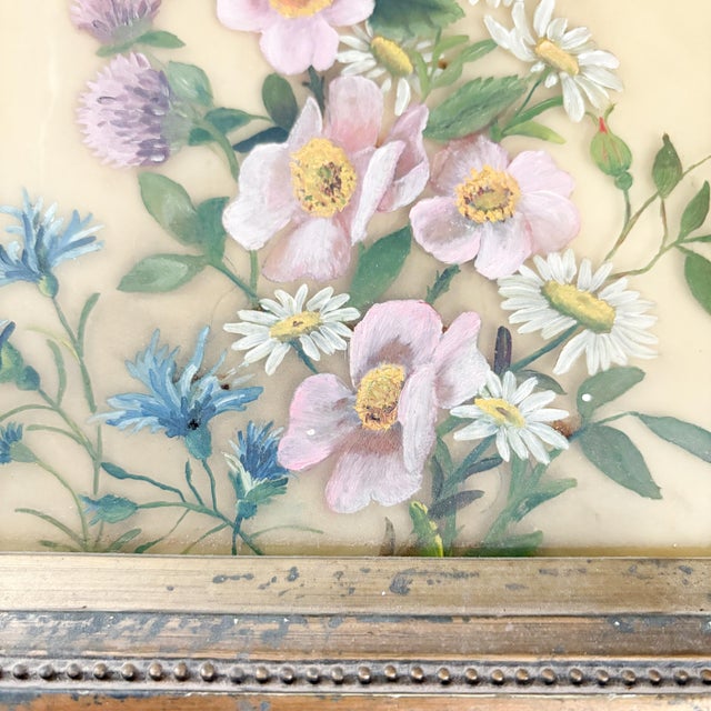 Antique 1920's Floral Painting on Glass, Gilt Gold Framed Flower Painting on Glass For Sale - Image 4 of 11