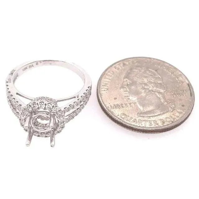 18 Karat White Gold Round Engagement Ring Setting Diamond Halo and Two Row Band For Sale - Image 4 of 11