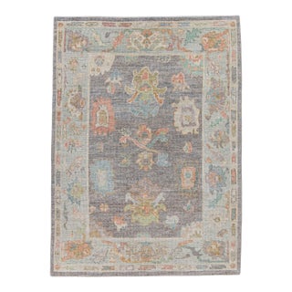 Turkish Oushak Rug in Charcoal & Soft Multicolor Hand Knotted Wool Rug 5'3" × 7'2" For Sale