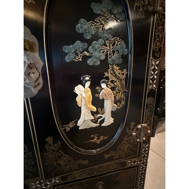 Chinese Vintage Chinese Black Lacquer Cabinet With Mother-of-Pearl Figures For Sale - Image 3 of 11