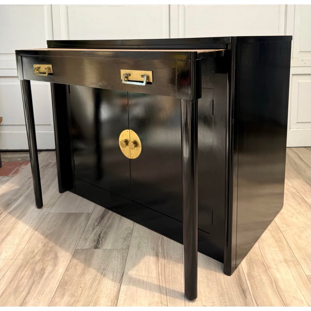 Contemporary Mid-Century Black Lacquer Chinoiserie Convertible Dining Table Cabinet For Sale - Image 3 of 15