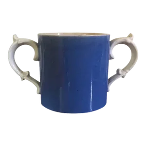 Antique 19th Century English Victorian Creamware Double Handled Mug in White and Blue Glaze