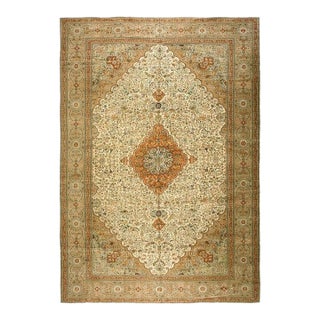 1940s Ivory Diamond Swastika Antique Tabriz Silk Handknotted Room Size Rug For Sale