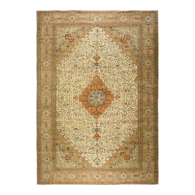 1940s Ivory Diamond Swastika Antique Tabriz Silk Handknotted Room Size Rug For Sale
