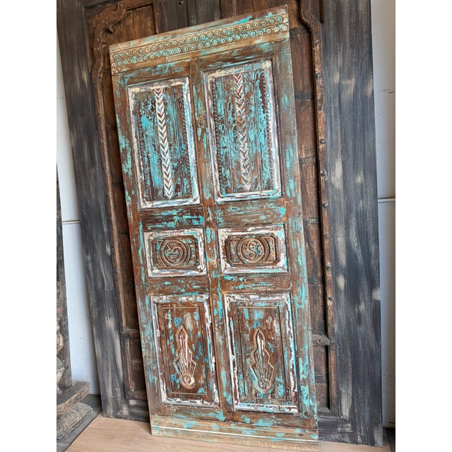 Antique Hand-Carved Blue Barn Door | Rustic Farmhouse Vintage Architectural Door 80x34.5 For Sale In Orlando - Image 6 of 7