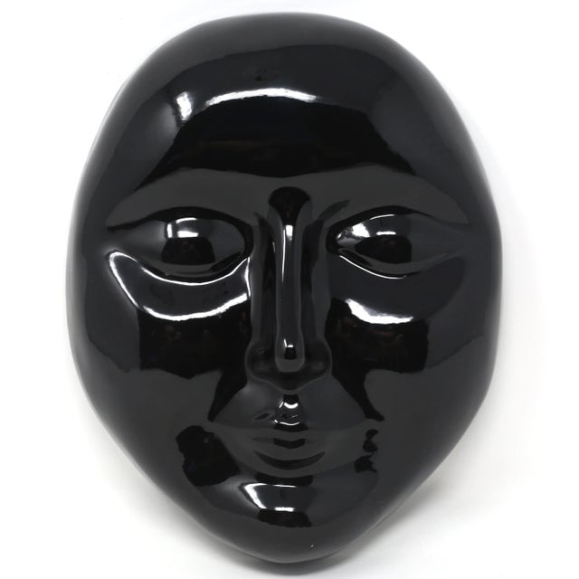 1980s Vintage 1987 Black Ceramic Face Mask Sculptural Wall Hanging For Sale - Image 5 of 7