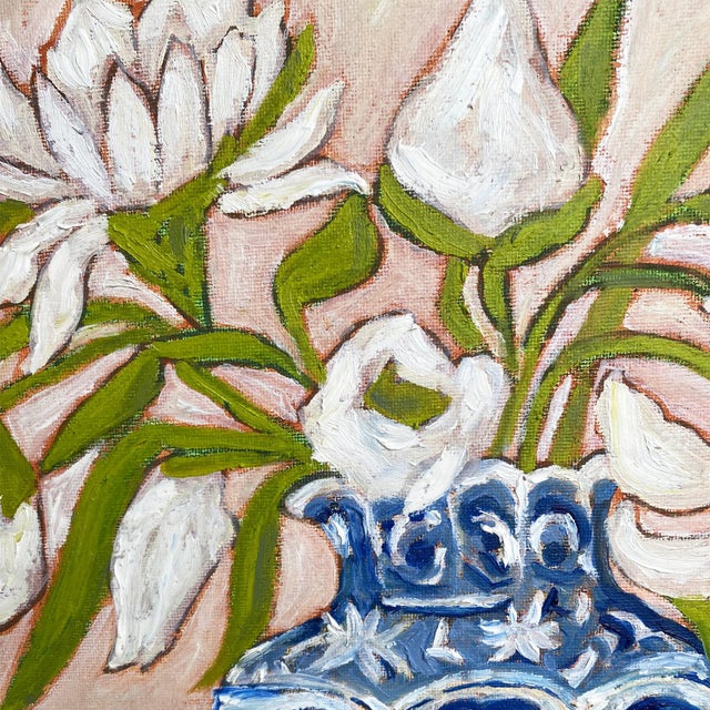 A beautifully rendered original still life painting featuring white tulips and peonies arranged in an ornate blue and...
