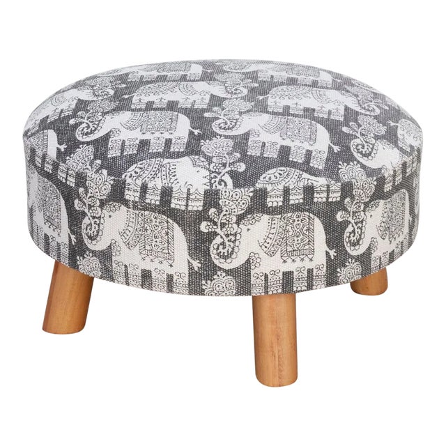 Round Charcoal Color Elephant Dhurrie Ottoman For Sale