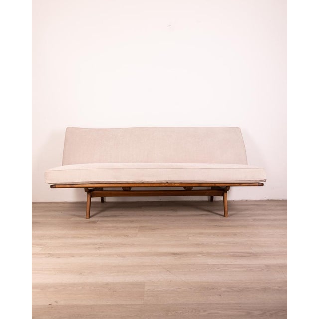 Teak wood frame sofa, seat and back with gray fabric upholstery, Danish design, 1960s.