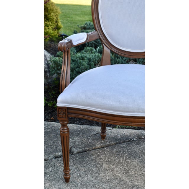Ethan Allen Walnut Armchair Oval Back Louis XVI Carved French Accent For Sale - Image 11 of 18