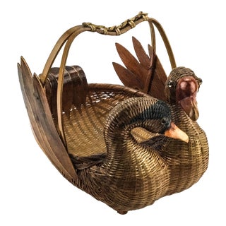 Vintage Swan Duck Woven Art Basket For Sale