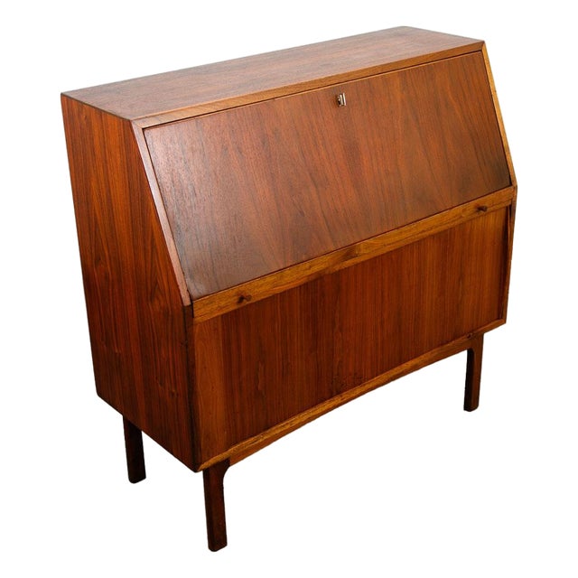 Mid Century Danish Modern Secretary Desk Bureau Denmark Teak Drawer Tambour Door For Sale