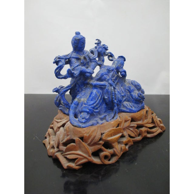 Chinese Carved Lapis Lazuli 2 Figures & a Beast Figurine on Wood Stand For Sale In Portland, OR - Image 6 of 10
