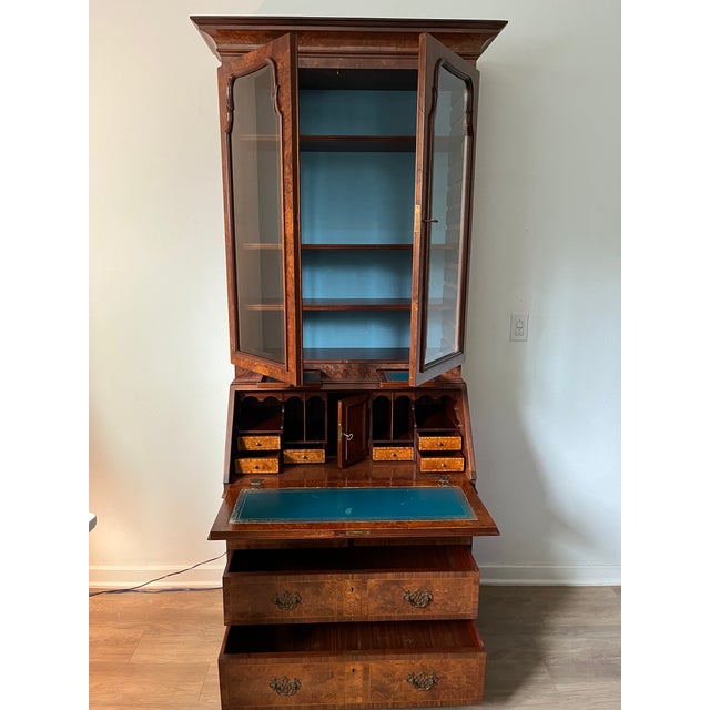 Queen Anne Mid 20th Century Queen Anne Style Burr Walnut Secretary Bookcase For Sale - Image 3 of 17