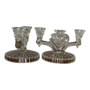 Vintage Pressed‑Glass Triple Spot Candleholders — Set of Two