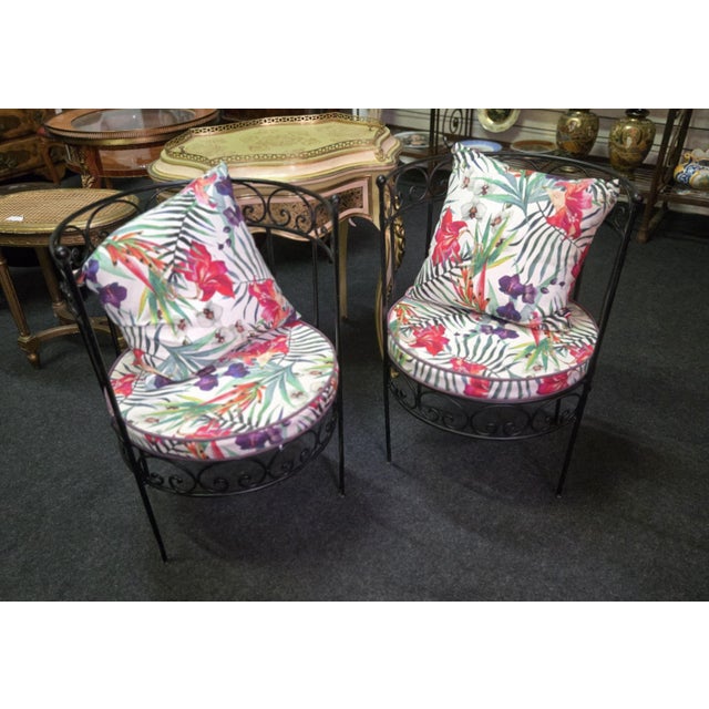 Vintage Wrought Iron Chairs with Tropical Pattern Cushions, 1970s, Set of 2 For Sale - Image 4 of 6