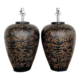 Vintage Glazed Ceramic Bamboo Shoots Lamps - A Pair For Sale
