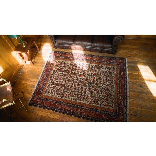 Textile 1880s Ivory Islamic Prayer Antique Caucasian Rug 4'0" X 5'0" Handknotted Wool Carpet For Sale - Image 7 of 7