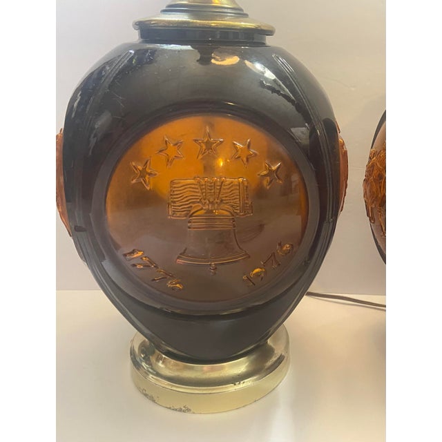 Vintage Phoenix Consolidated Light Co Amber 24” Set of Patriotic Lamps Rare - a Pair For Sale - Image 11 of 18
