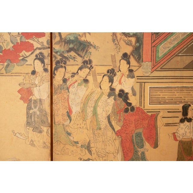 Meiji Era XL Japanese Yamato-E Style 6-Panel Byobu Screen "Chinese Palace Courtyard" For Sale - Image 10 of 18