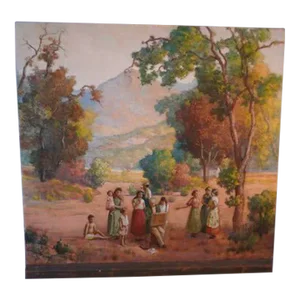 Abraham Jacob Richard - the Artist Being Watched While He Paints a Pastoral Scene - Mixed Media on Masonite 1952