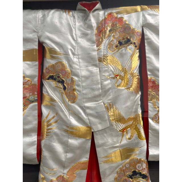 Textile Mid 20th Century Framed Japanese Wedding Kimono With Silk Embroidered Decoration For Sale - Image 7 of 8