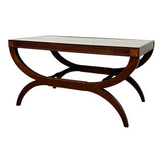 Vintage Neoclassical Style Coffee Table With Removable Glass Top, Curved Saber Legs and Floral Inlay Accents For Sale