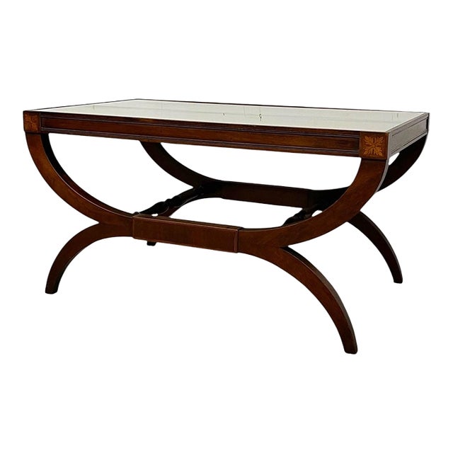 Vintage Neoclassical Style Coffee Table With Removable Glass Top, Curved Saber Legs and Floral Inlay Accents For Sale