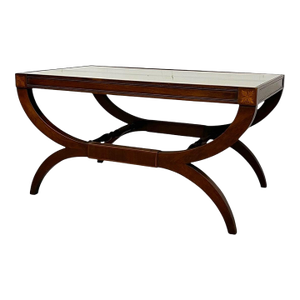 Vintage Neoclassical Style Coffee Table With Removable Glass Top, Curved Saber Legs and Floral Inlay Accents