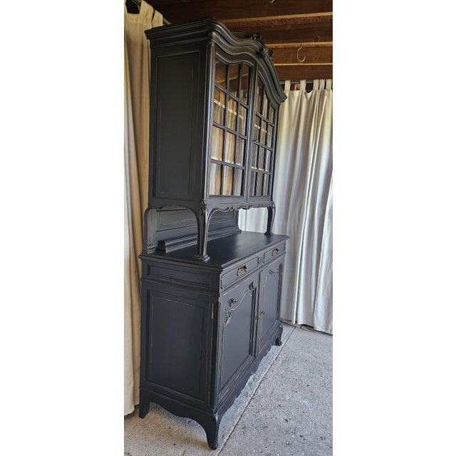 Late 19th Century Antique French Cabinet, Distressed Black, Rococo Style, Buffet Cabinet Deux Corps, For Sale - Image 5 of 18