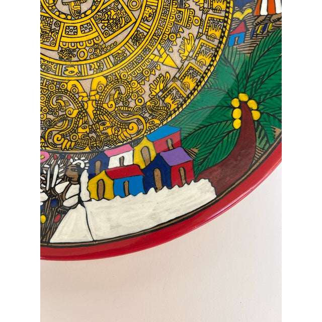 Goldenrod Vintage Hand Painted Terracotta Mexican Wedding Plate With Aztec Calandar For Sale - Image 8 of 11