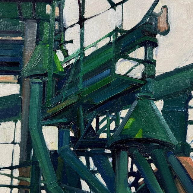 Realism Vintage Industrial Landscape With Green Refinery Detail, Signed (1999, Oil on Canvas) For Sale - Image 3 of 8