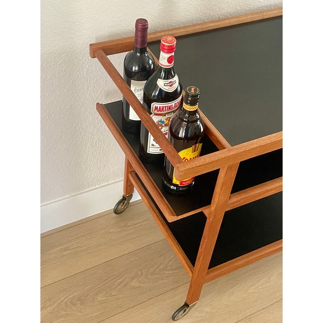 Mid Century Danish Modern Teak Trolley Bar Cart With 3 Slate Shelves For Sale - Image 4 of 14