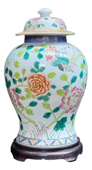 Vintage Hand Painted Famille Rose Porcelain Ginger Jar: Floral Phoenix Design